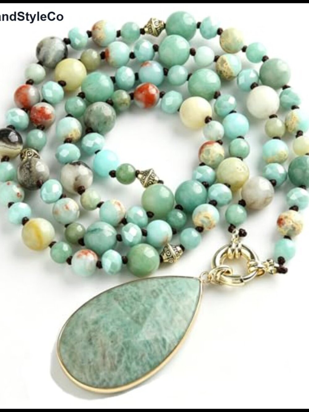 Boho Long Beaded Necklace Detachable Amazonite Pendant Strand Women